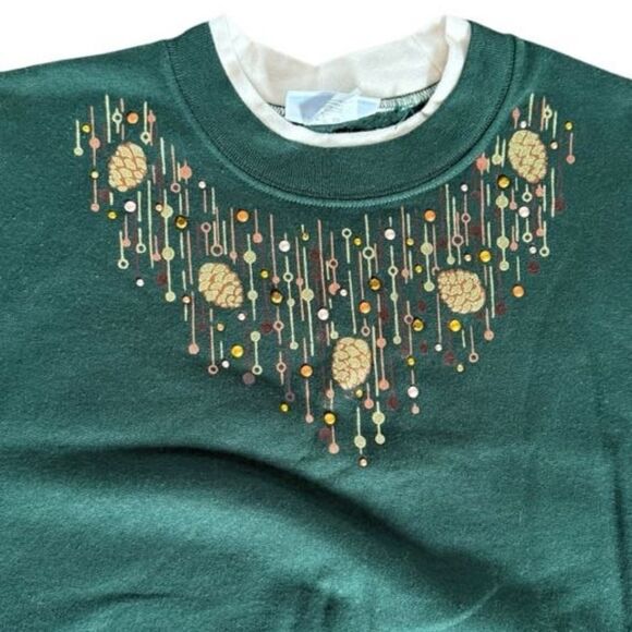 Morning Sun Sweatshirt Womens Medium Layered Collar Dark green Ivory Pinecone - Picture 5 of 11
